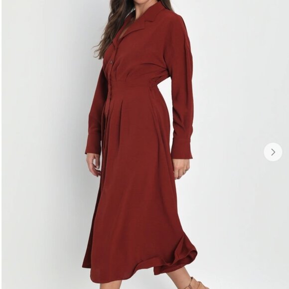 Rust Collared Button-Up Pleated Midi Dress - Picture 2 of 7